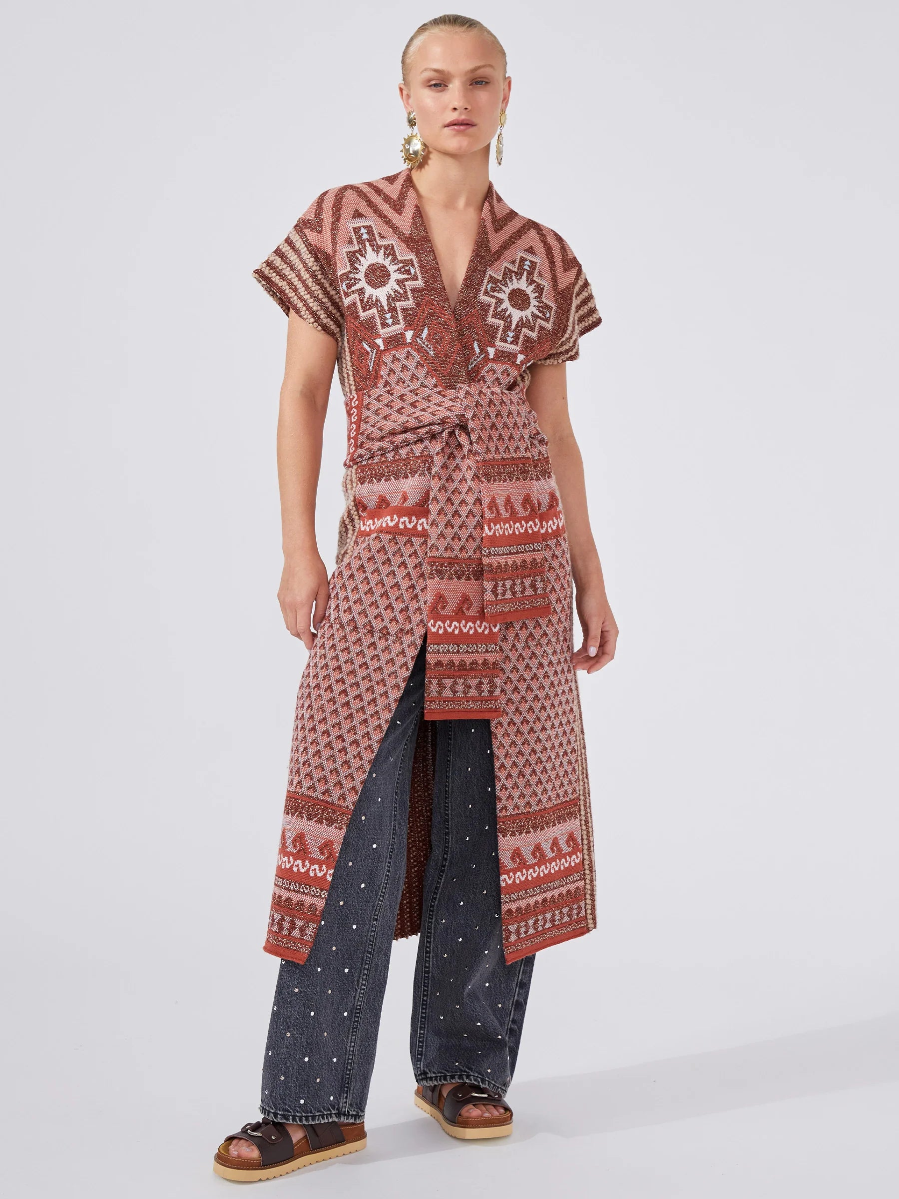 SAHARA MERINO JACQUARD LONG GILET TERRACOTTA